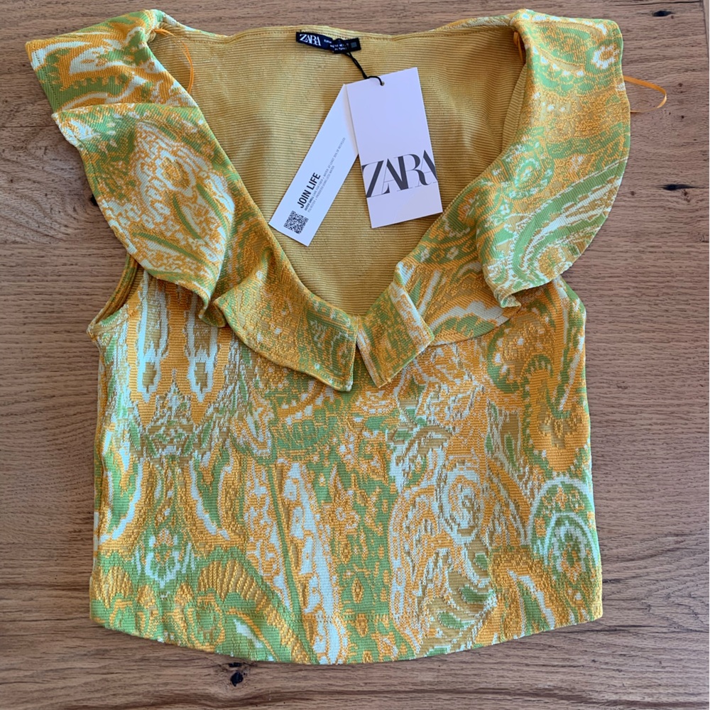 Zara Cropped‎ Paisley Ruffle Top Maize Women’s Medium NWT